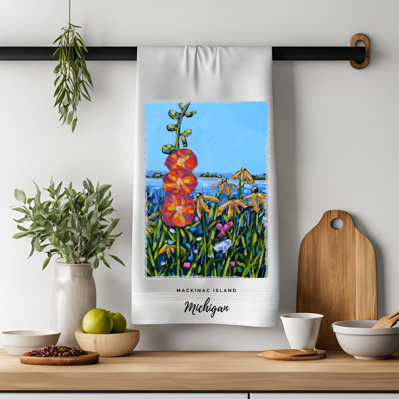 Dish Towel - "Hollyhocks- Mackinac Island Kitchen Towel"
