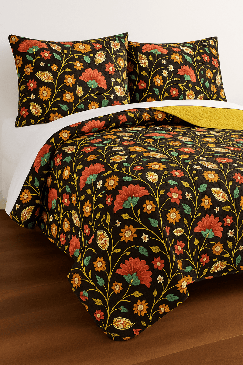 DaDa Bedding Marigold’s Floral Brown Yellow Botanical Garden Quilted Bedspread Set (HS-3330)