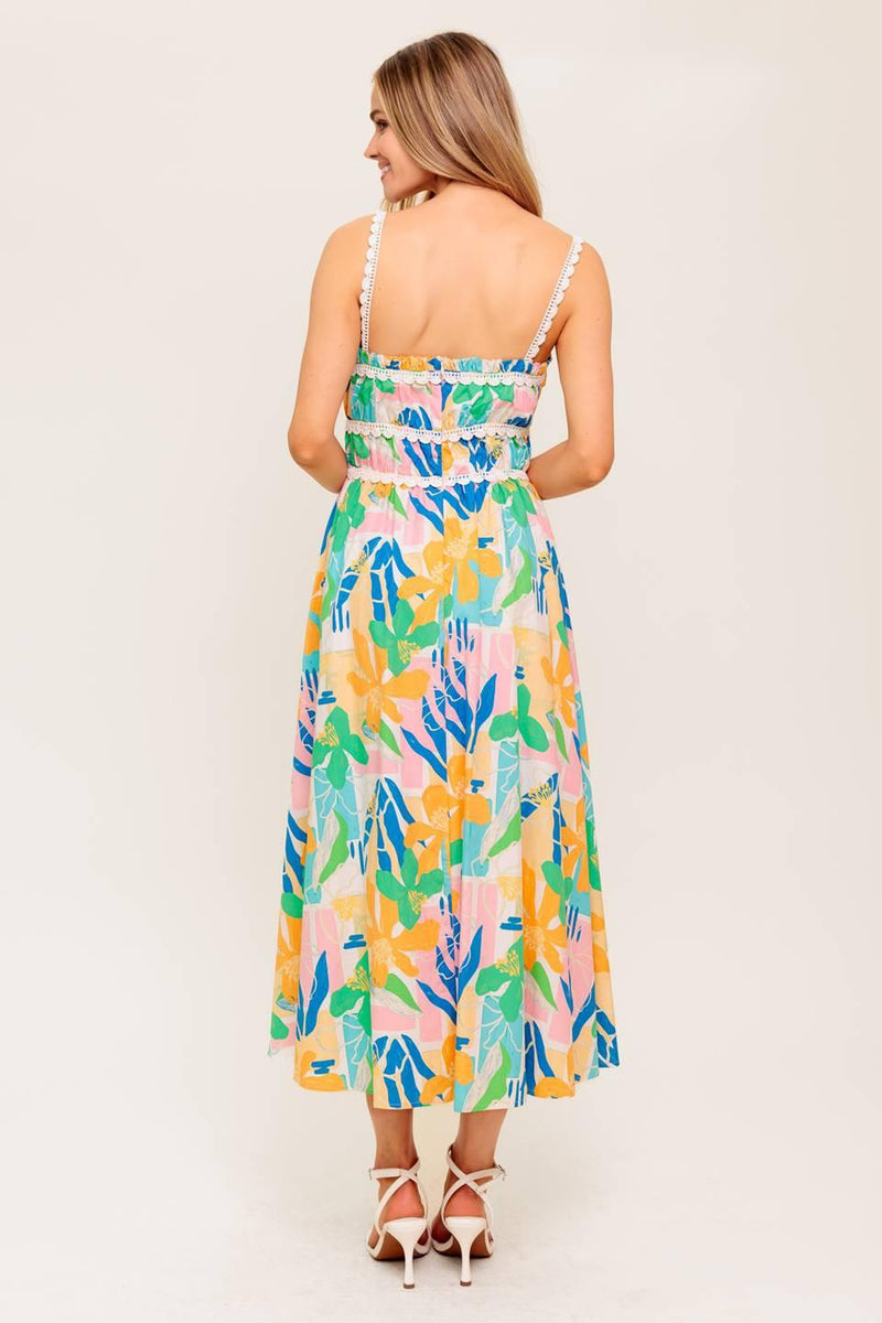 SUNLIT GARDEN PINK BLUE WOVEN MIDI DRESS