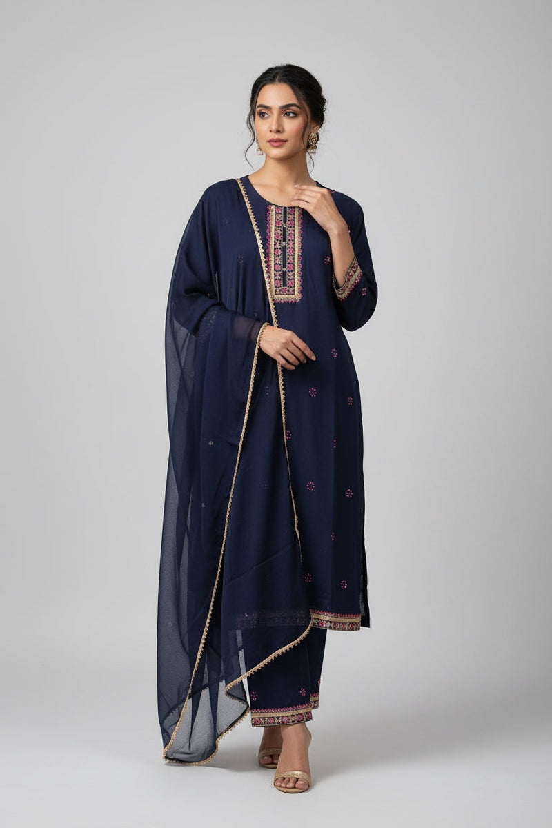 Rayon Kurti pant set with chiffon dupatta