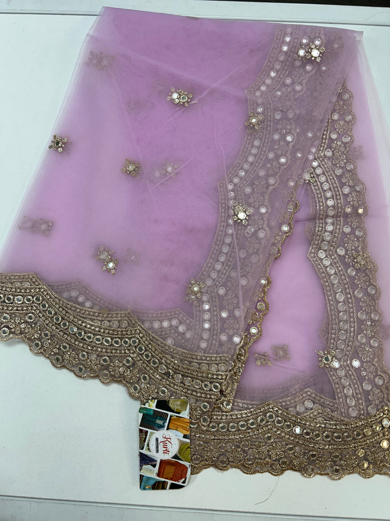 Lilac net dupatta with mirror work border