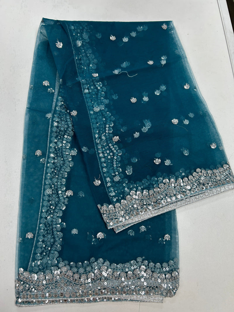 Teal blue net duppata with silver sequence work