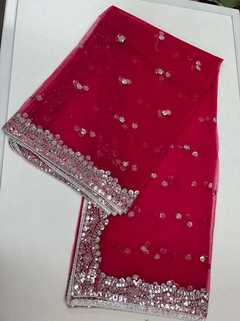 Dark pink net duppata with silver sequence work