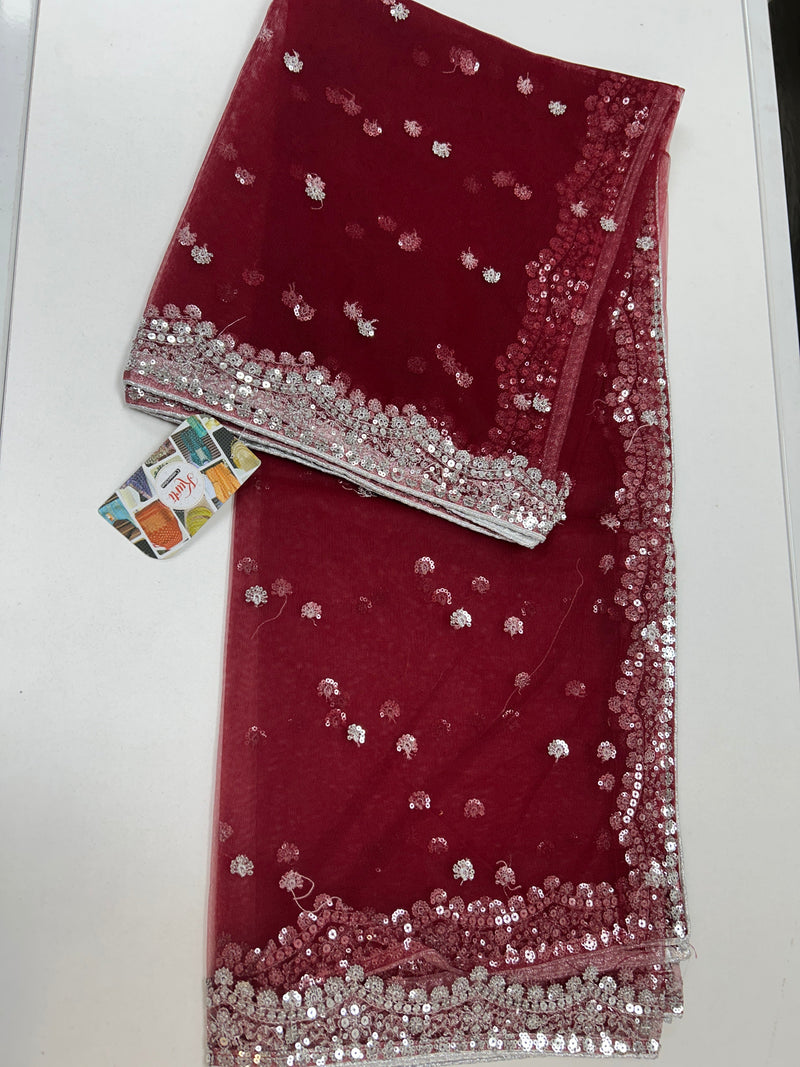 Dark maroon netduppata with  silver sequence work