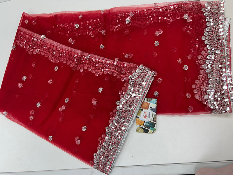 Red  net duppata with silver sequence work