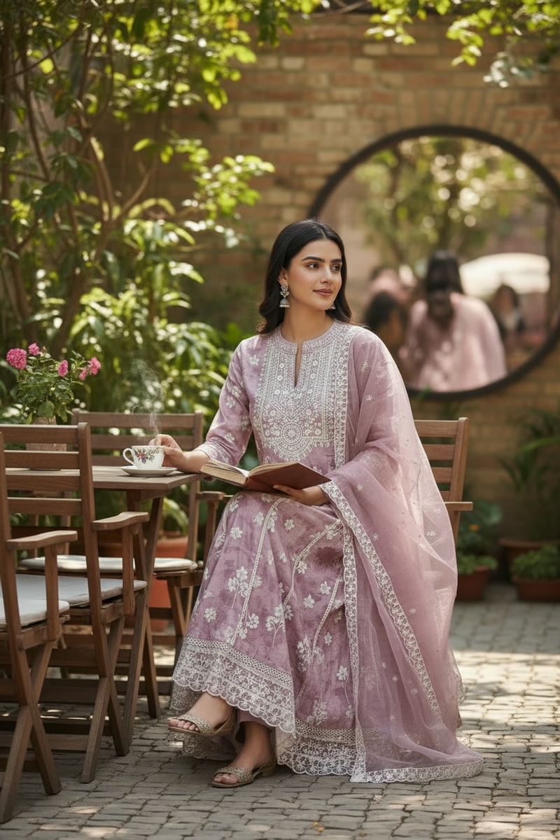 Linen silk kurti set : Anarkali Kurti pant set
