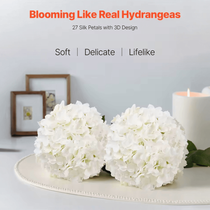 White Hydrangea Flowers - 6 Inch Faux Lifelike Stems 10-Pack