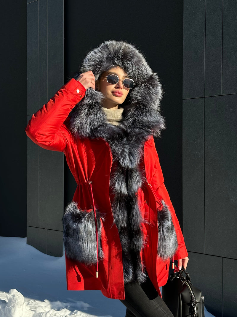 Roma Genuine Silver Fox Fur Rabbit Fur Insulated Parka in Red