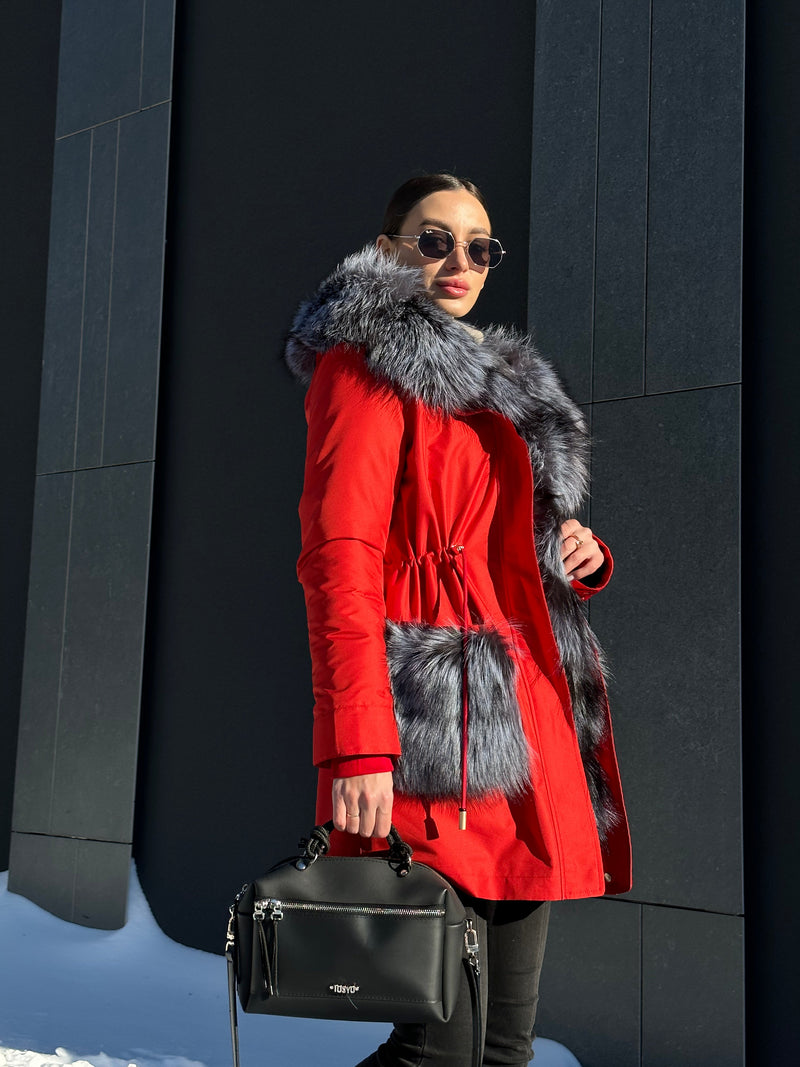 Roma Genuine Silver Fox Fur Rabbit Fur Insulated Parka in Red