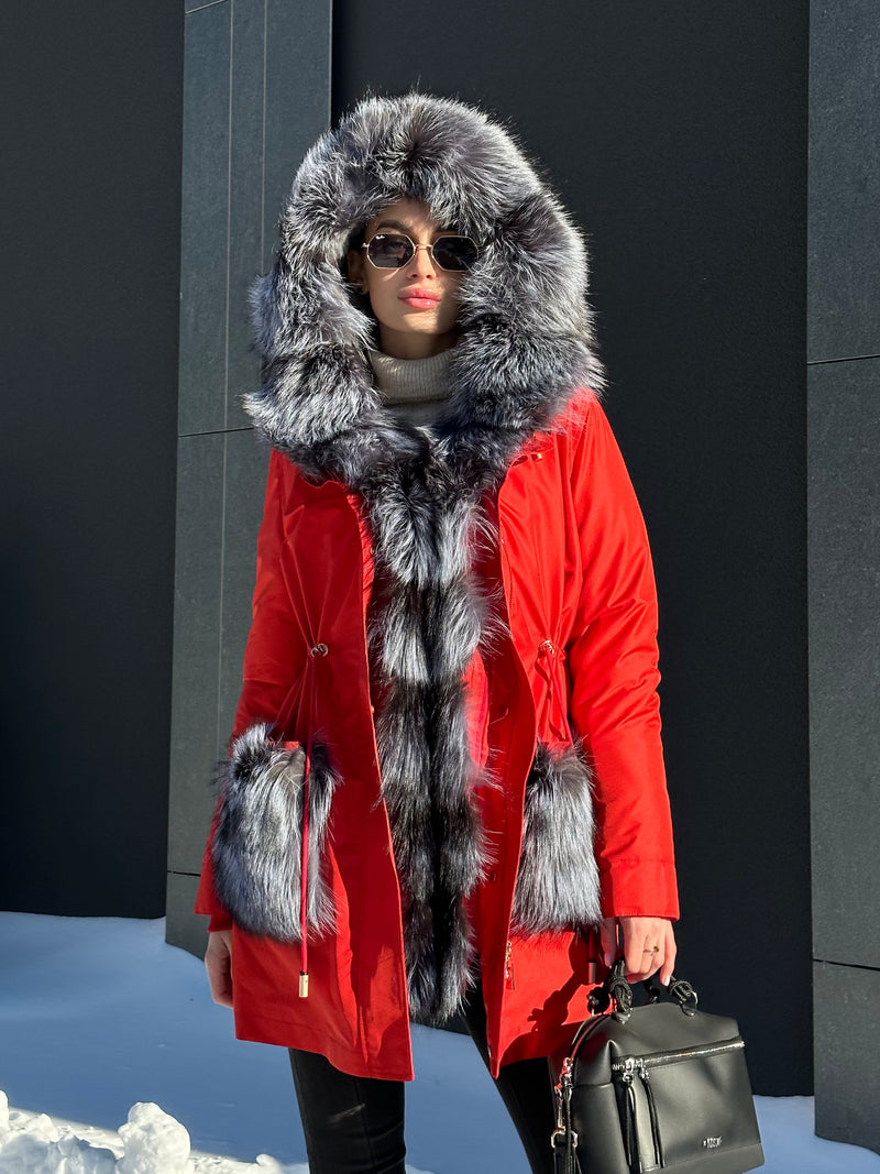 Roma Genuine Silver Fox Fur Rabbit Fur Insulated Parka in Red