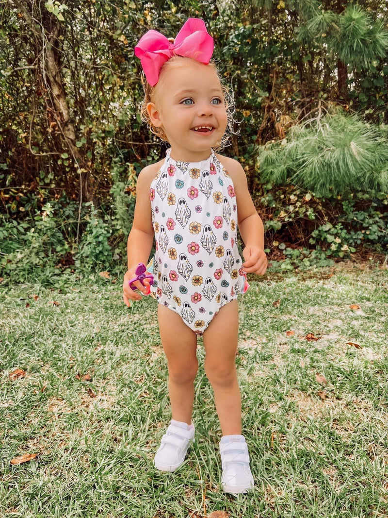 Colorful ghost tie ruffle romper