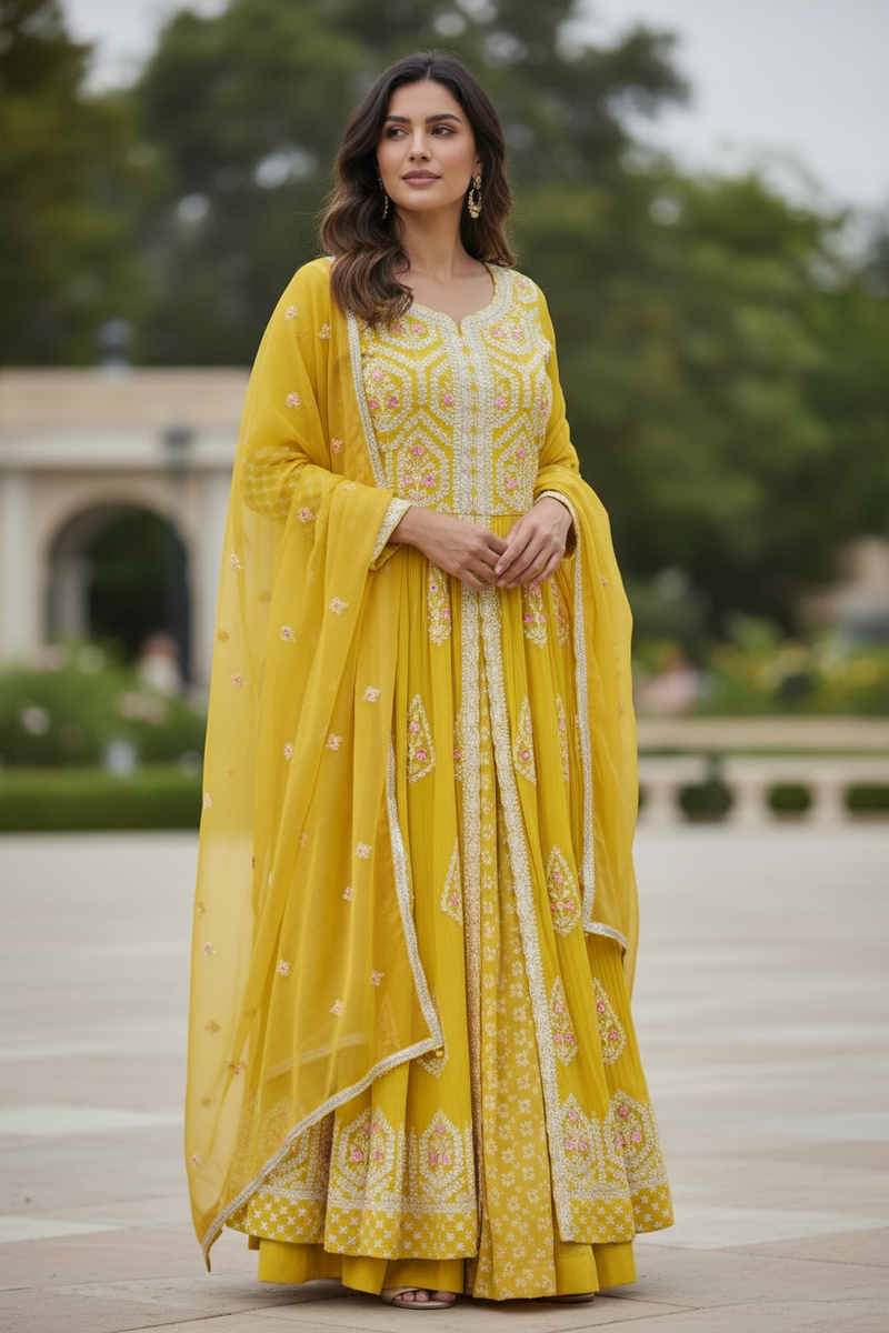Front slit long party wear kurti with lehenga