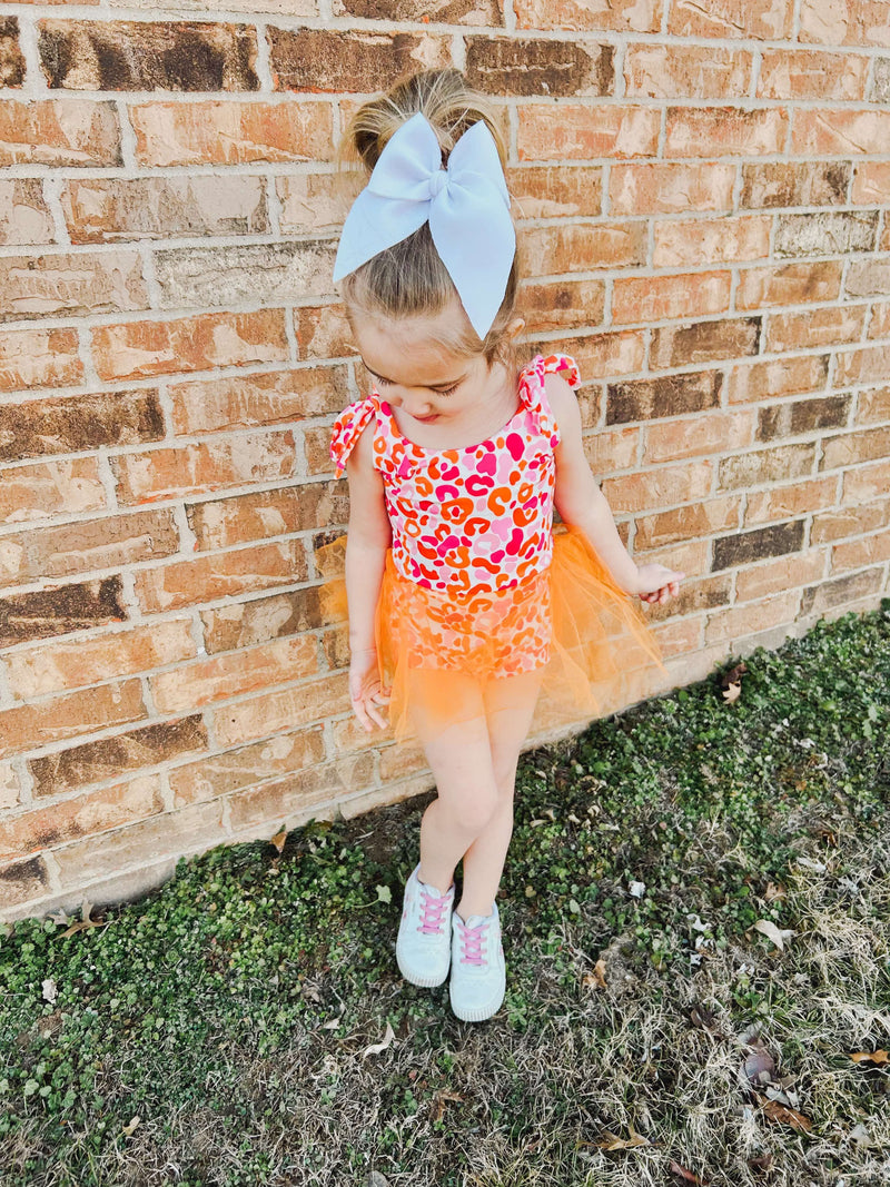 Orange and pink leopard mesh skirted romper