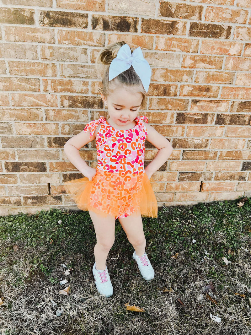 Orange and pink leopard mesh skirted romper
