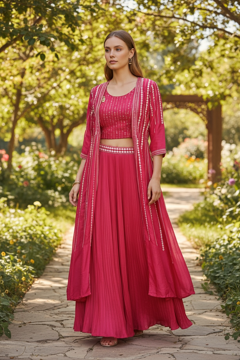 Dark pink Lehenga Choli set with long jacket