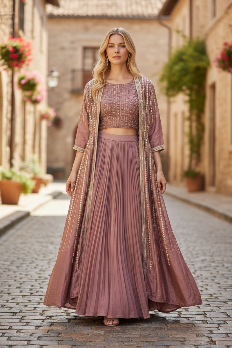 Dark pink Lehenga Choli set with long jacket