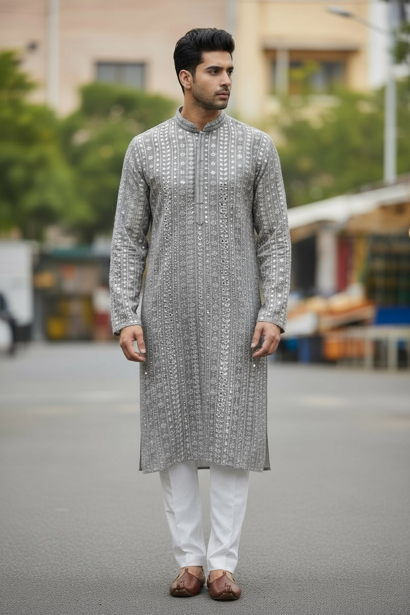 Sequin kurta set : light grey