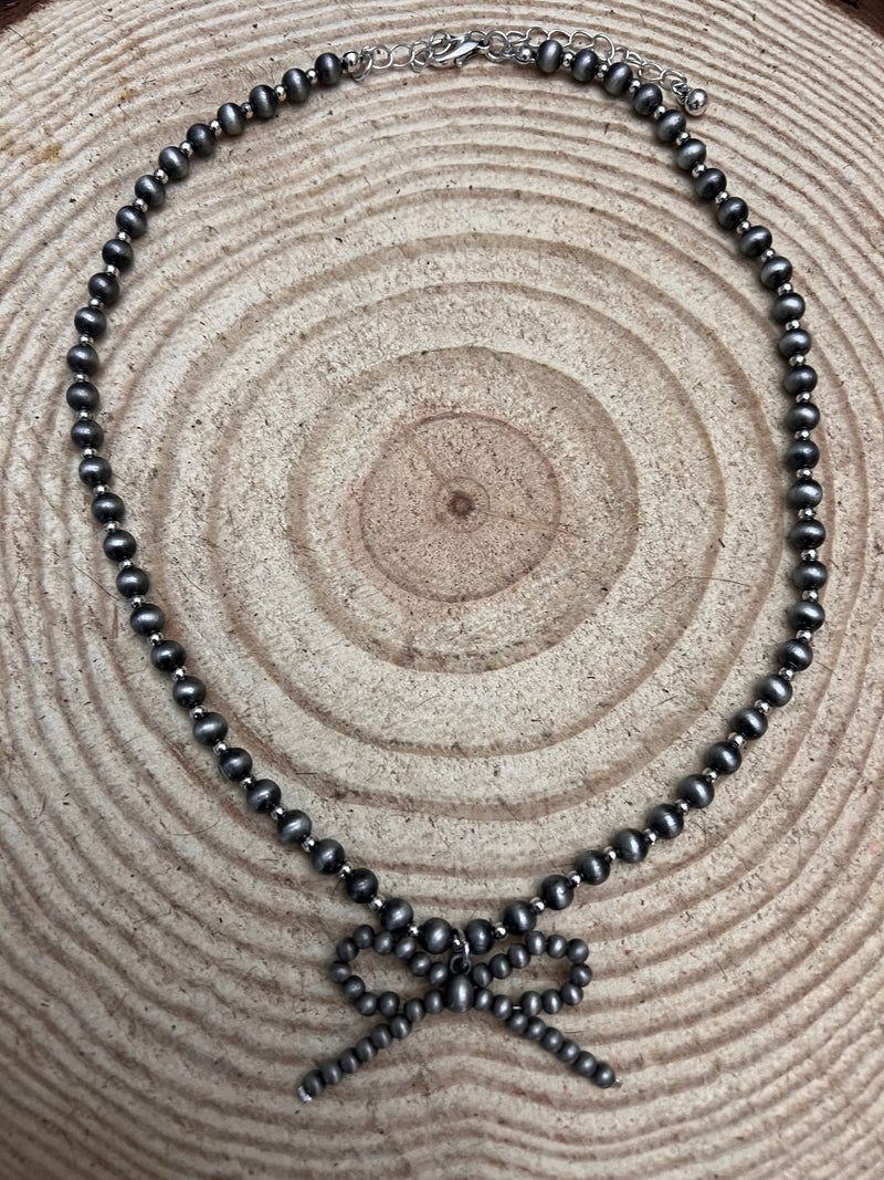 Faux Bow Necklace with Faux 5mm Pearls - 18 inch