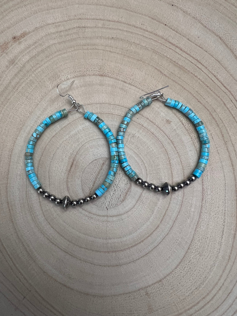 Hoop Earrings With Turquoise & Sterling Silver Pearls & Saucer