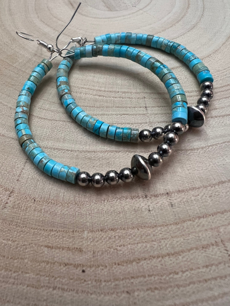 Hoop Earrings With Turquoise & Sterling Silver Pearls & Saucer