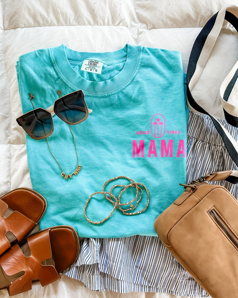 Good Vibes Mama & 3 Palm Trees (pf & b) - Comfort Colors Tee