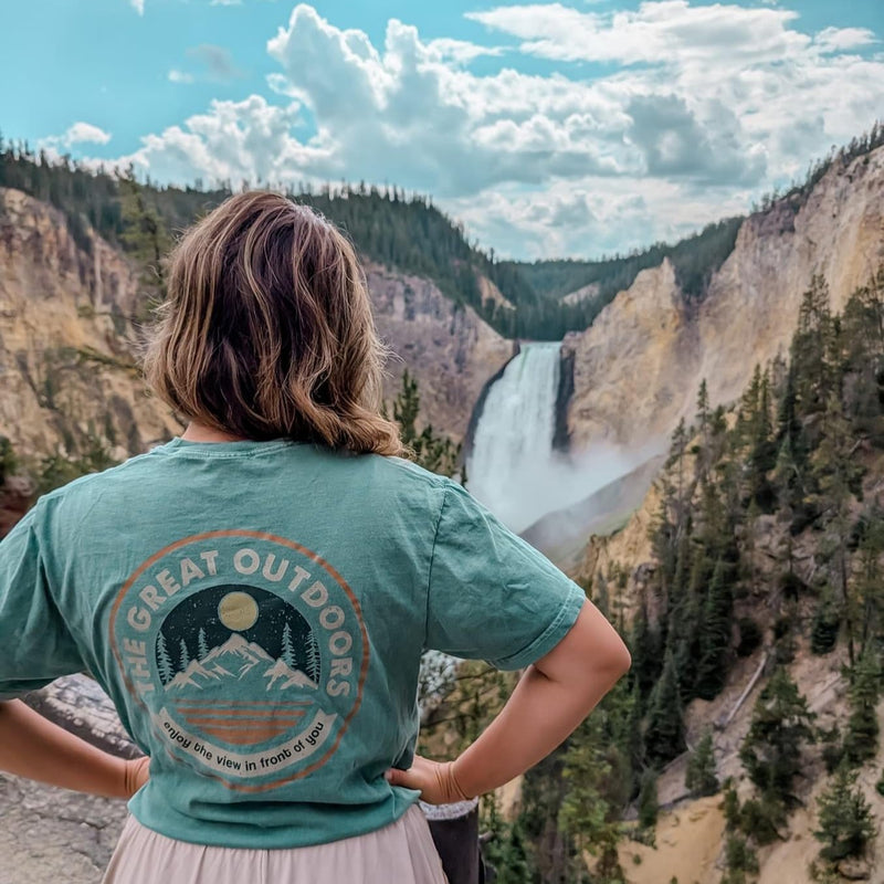 Embroidered Pine Trees (on front) / Printed The Great Outdoors (on back) - Light Green Pocket Tee