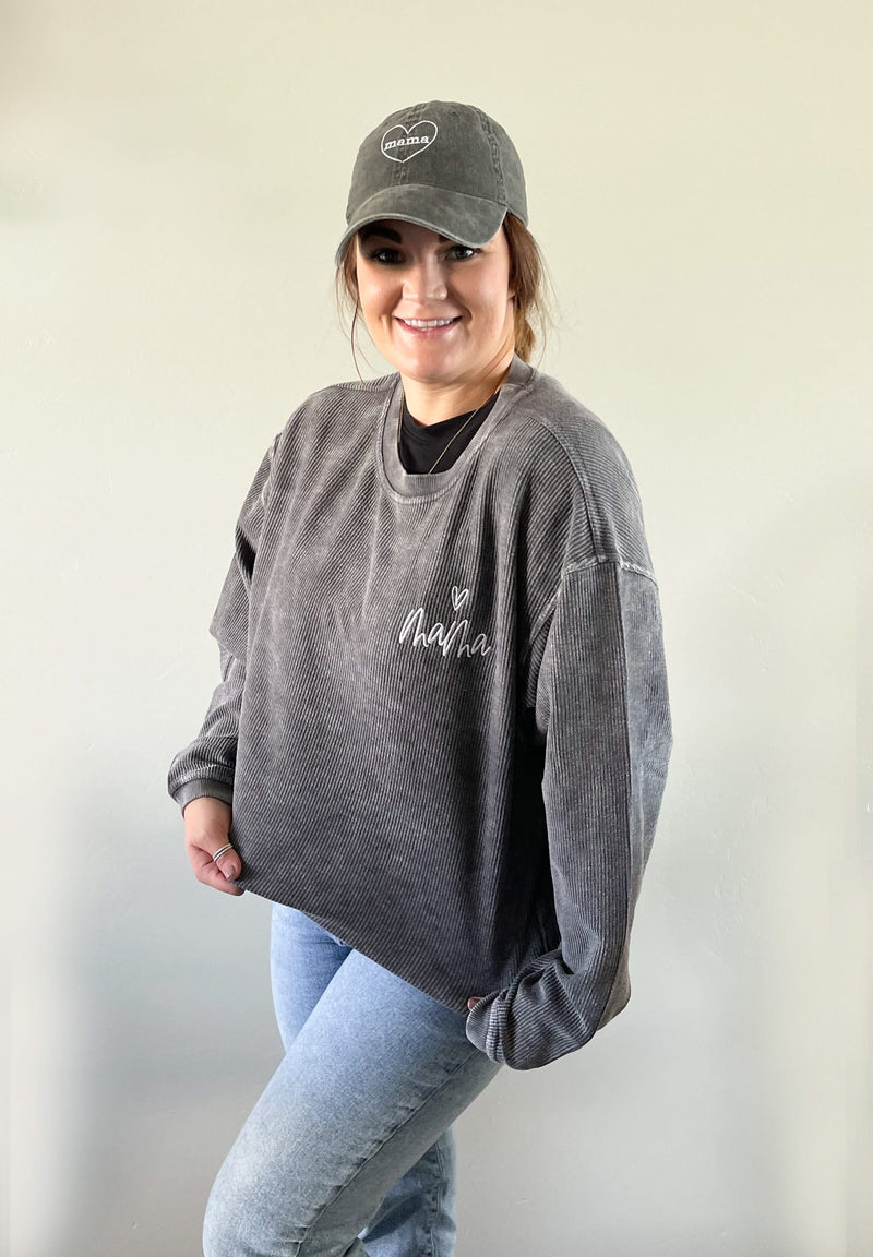 Embroidered CORDED Sweatshirt - Asphalt - Mama (Heart Above)