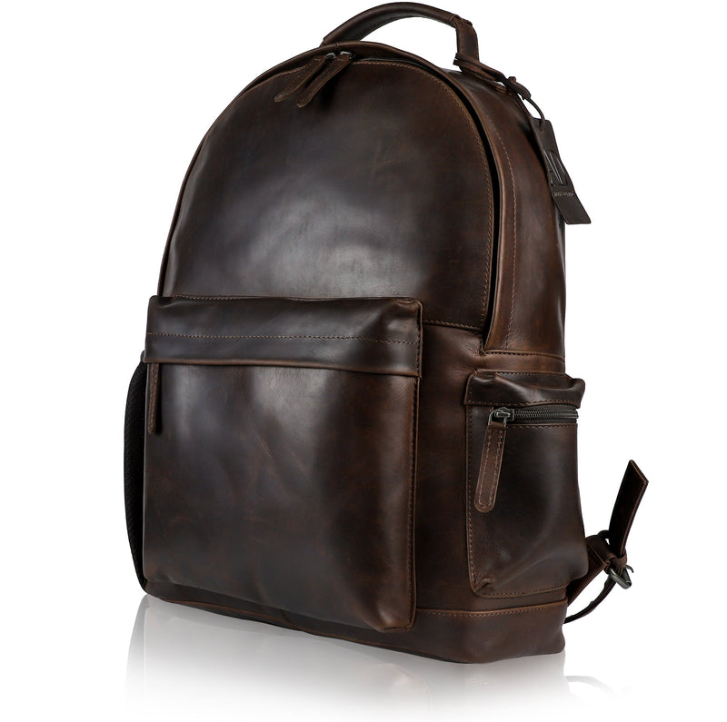 Genuine Leather Backpack – Fits 15.6" Laptop, Hidden AirTag Pocket