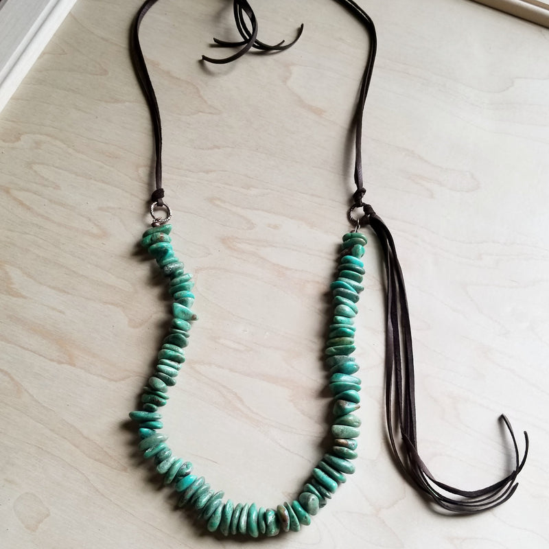 Natural Turquoise Necklace with Side-Tie Vegan Leather Tassel 245c