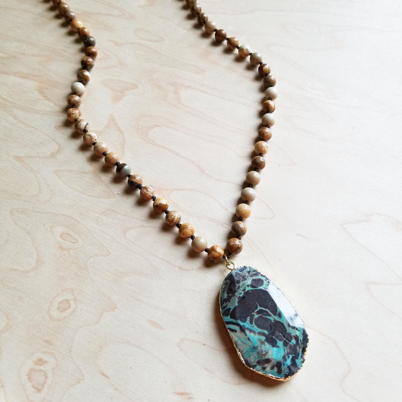 Bohemian Beaded Jasper Necklace with Ocean Agate Pendant 245u