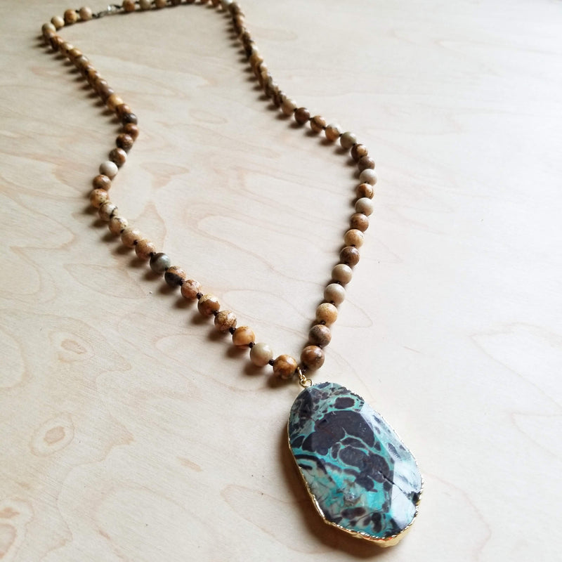 Bohemian Beaded Jasper Necklace with Ocean Agate Pendant 245u