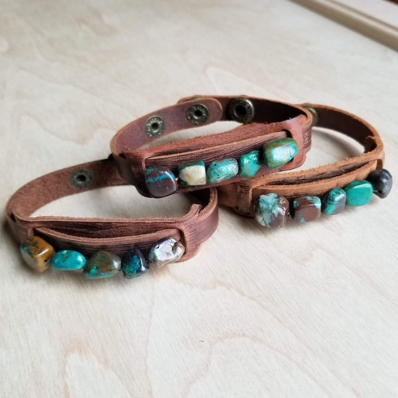 Genuine Leather Narrow Cuff & Natural Turquoise Chunks 006q