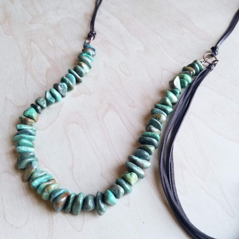Natural Turquoise Necklace with Side-Tie Vegan Leather Tassel 245c