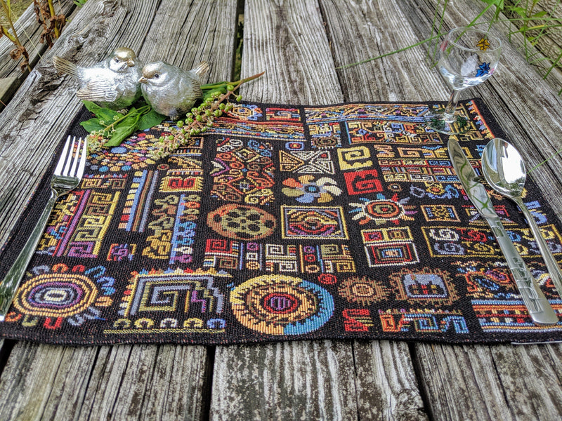 DaDa Bedding Set of 4-Pieces Ethnic Ornaments Geometric Black Tapestry Dining Placemats 13” x 19” (18118)