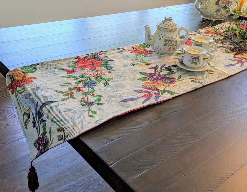 DaDa Bedding Floral Roses Tropical Paradise Birds Woven Tapestry Dining Table Runner (18116)