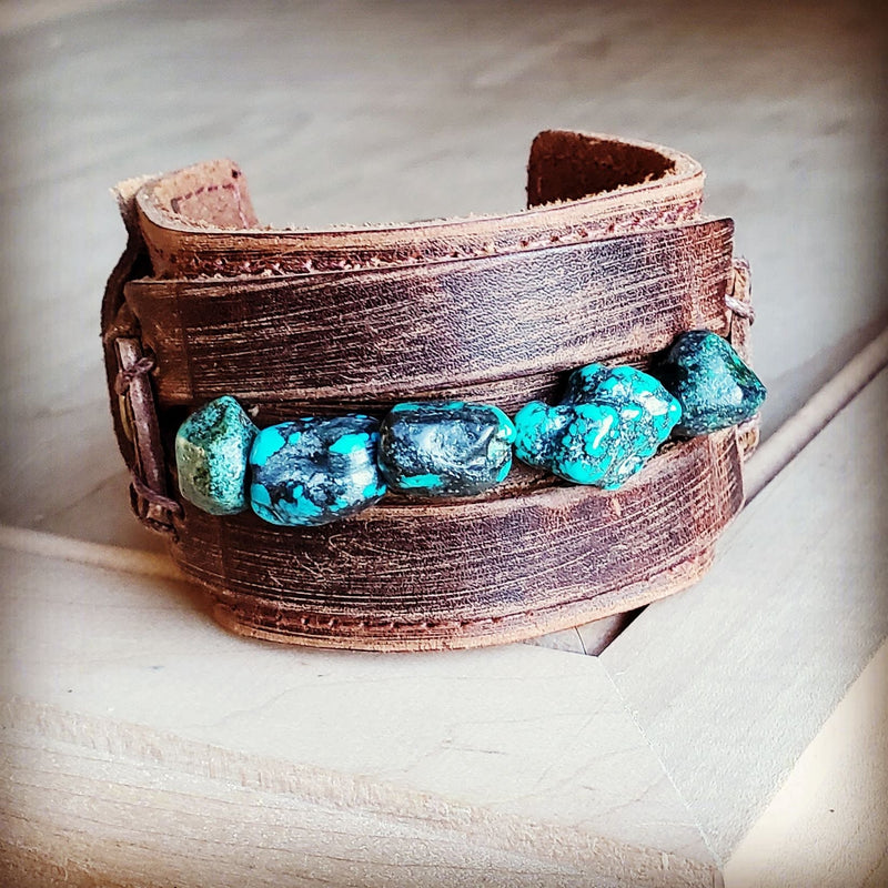 Genuine Leather Wide Cuff Bracelet w/ Natural Turquoise Chunks 006p