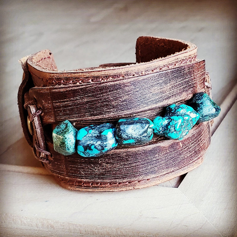 Genuine Leather Wide Cuff Bracelet w/ Natural Turquoise Chunks 006p