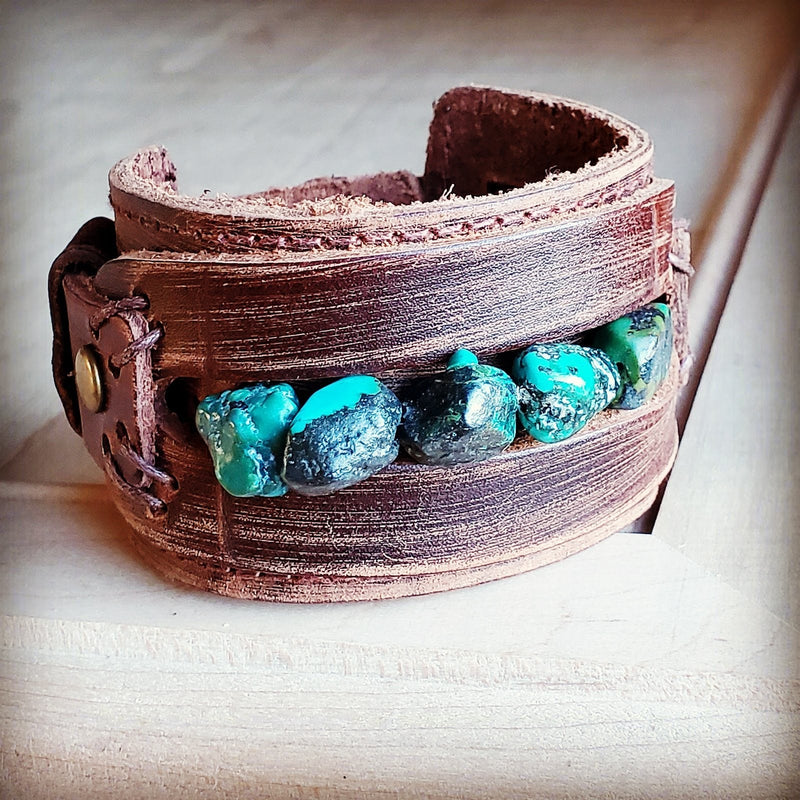 Genuine Leather Wide Cuff Bracelet w/ Natural Turquoise Chunks 006p
