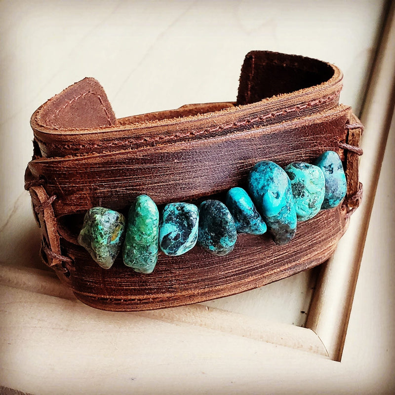 Genuine Leather Wide Cuff Bracelet w/ Large Natural Turquoise Chunks 007u