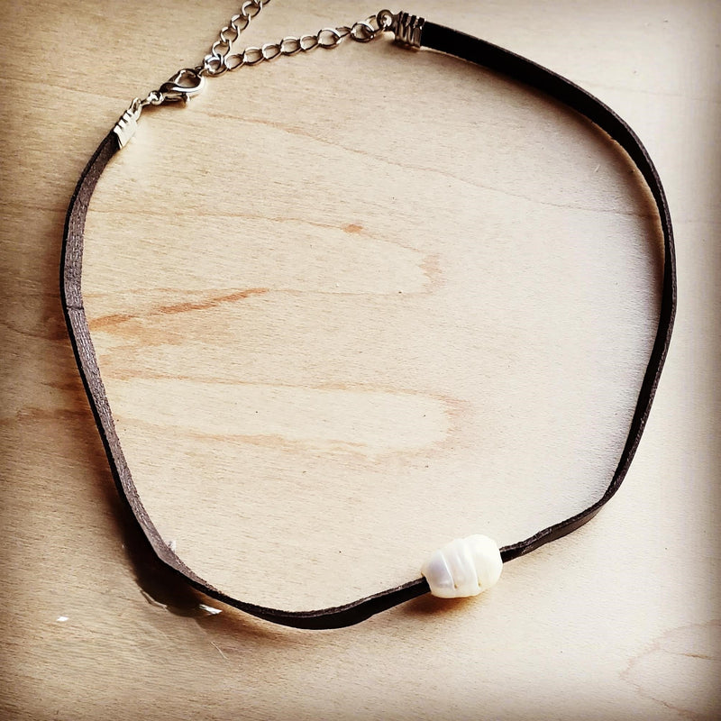 Floating Pearl on Brown Leather Choker Necklace 229R