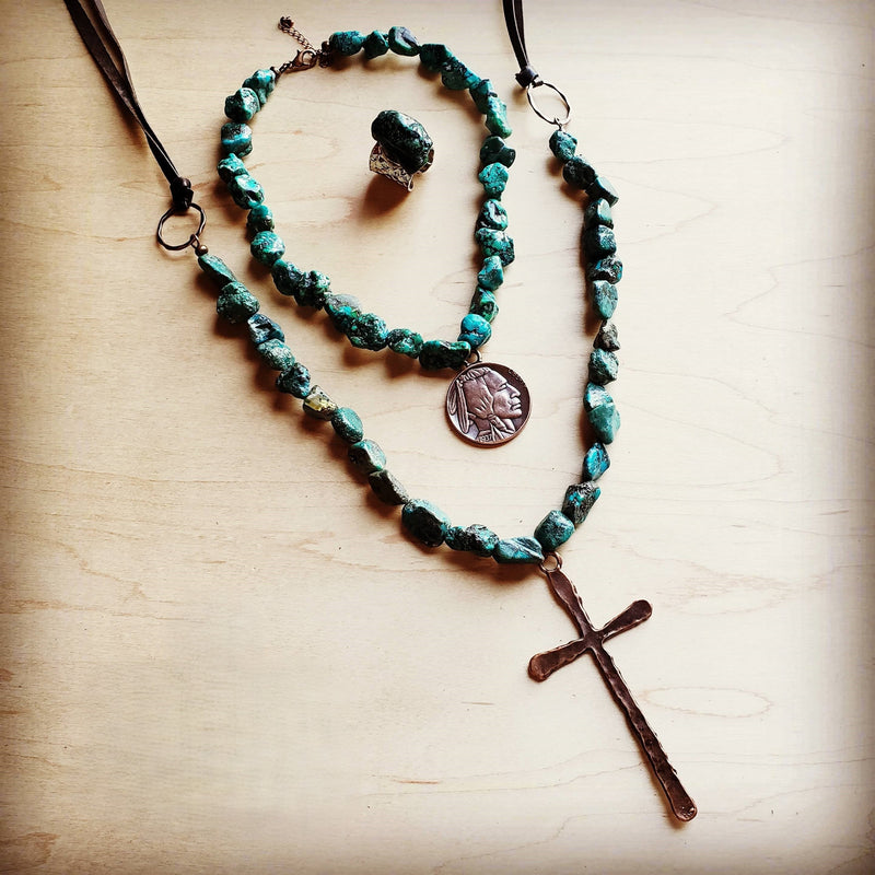 Natural Turquoise Beaded Necklace wi/ Copper Cross Pendant 242u