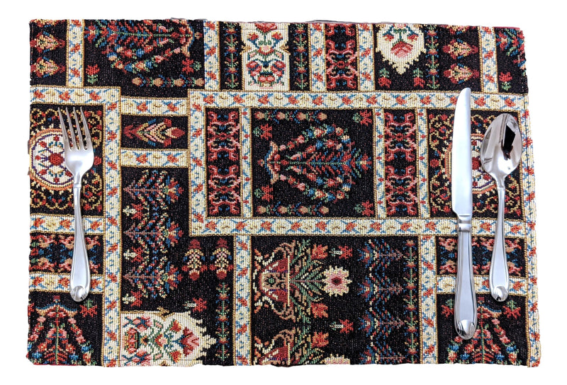 DaDalogy Bedding Set of 4-Pieces Dark Noir Mughal Floral Botanical Vintage Fleur Tapestry Placemats 13” x 19” (18197)