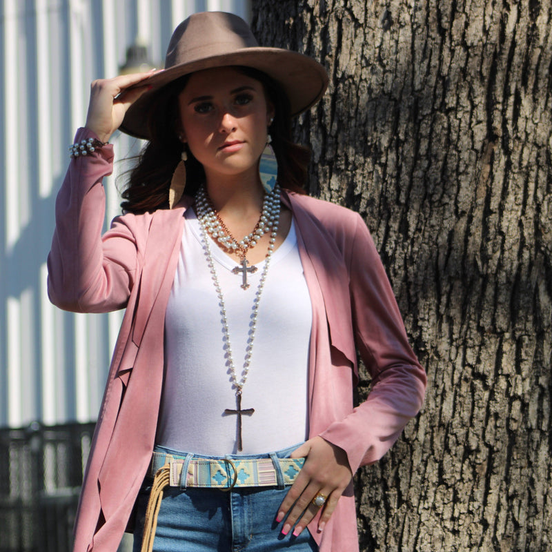 Pearl Long Beaded Necklace with Antique Copper Cross 255t