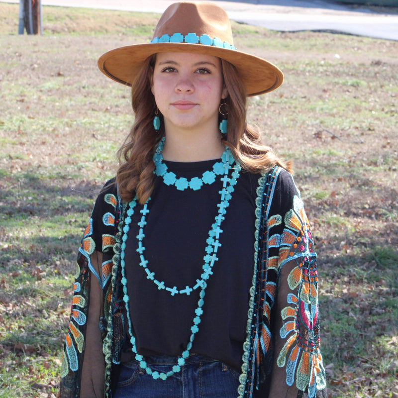 Blue Turquoise & Wood Beaded Cross Necklace 258n