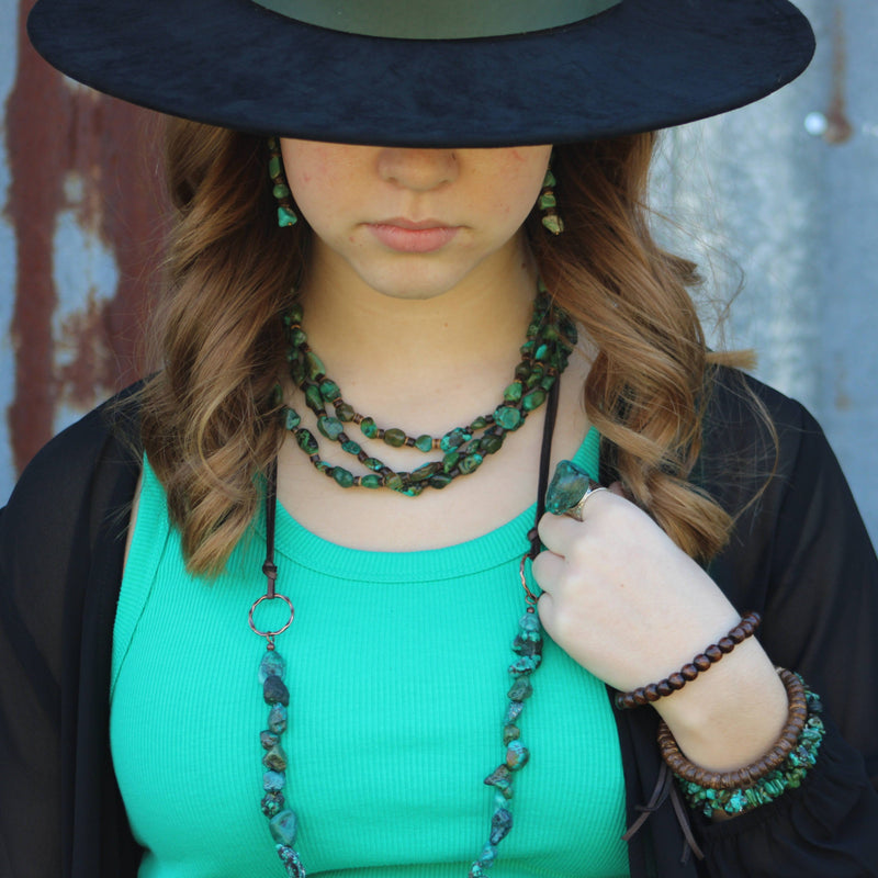 Triple Strand Natural Turquoise & Wood Collar Necklace 250m