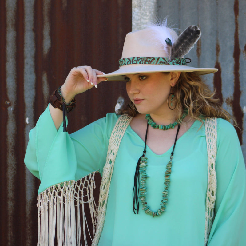 Natural Turquoise Necklace with Side-Tie Vegan Leather Tassel 245c