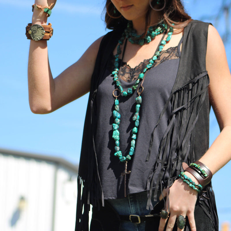 Double Strand Natural Turquoise Bracelet w/ Feather and Tassel 806n