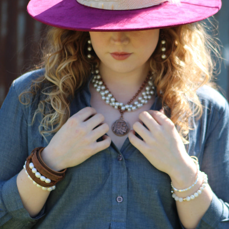 Pearl and Copper Collar-Length Necklace with Indian Coin 255w