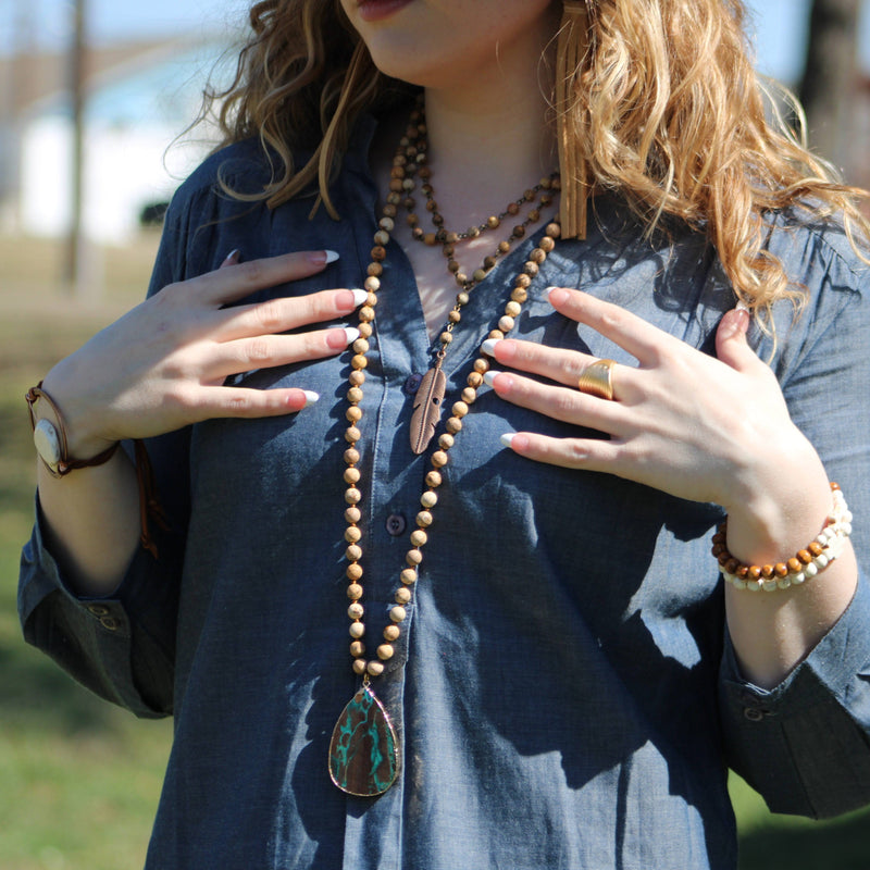 Double Strand Lariat Picture Jasper Necklace w/ Copper Feather 250u