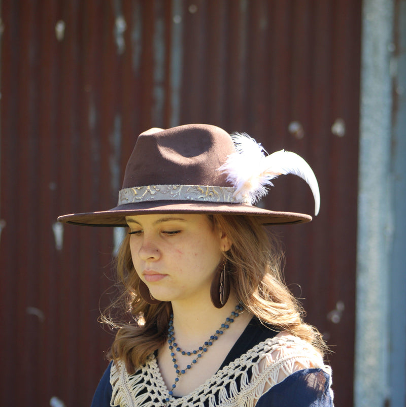 Leather Teardrop Earrings Brown w/ Copper Feather 208a